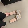 French temperament rhinestone square buckle satin thick heel one-word drag women 2025 summer new versatile square head outer slippers