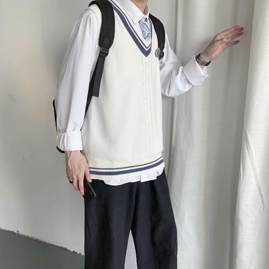 College Style Sleeveless V Neck Sweater Vest Autumn Winter Patchwork Color Twist Men Knitted Vest Daily Clothing