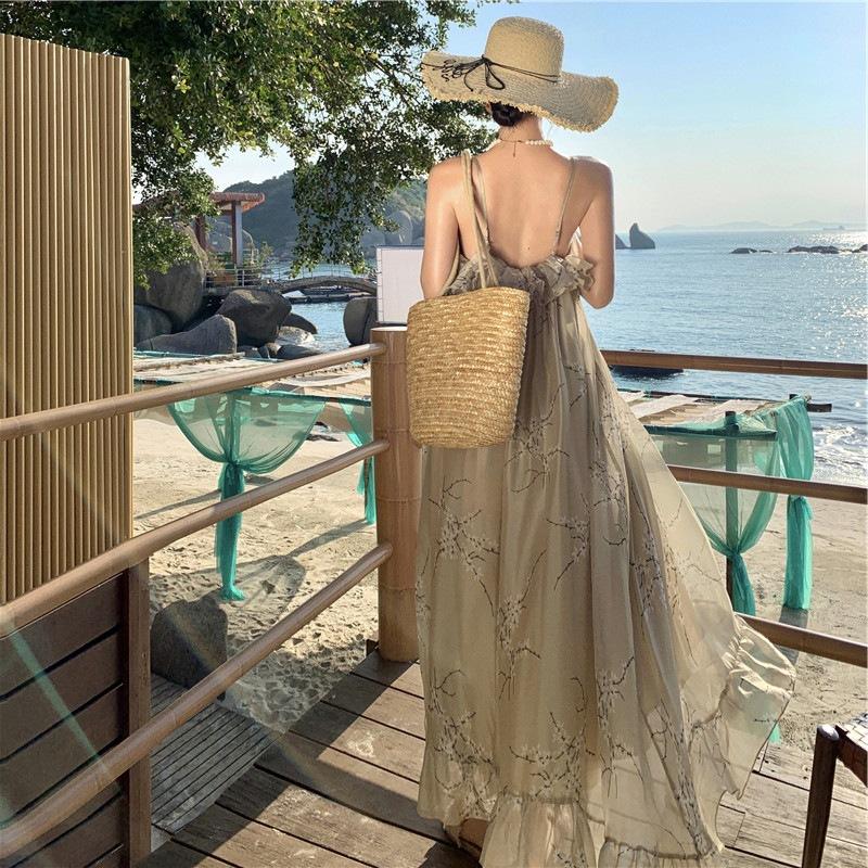 #Flowering Chinese style lotus leaf edge suspender dress vacation style temperament skirt khaki chiffon