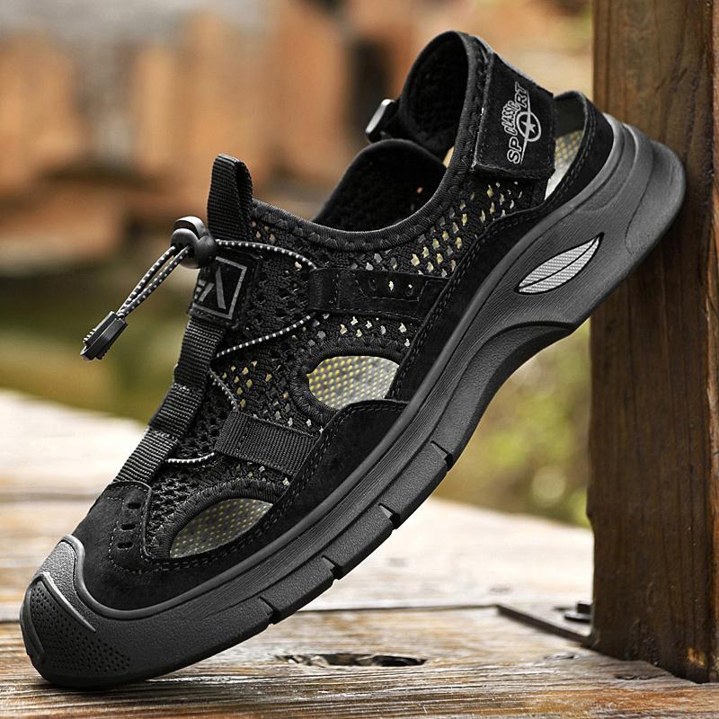 

Модные летние сандалии мужские сандалии из натуральной кожи мужские тапочки мягкие плоские мужские пляжные сандалии классические буферные сетчатые забродные туфли мужские 10 чёрный