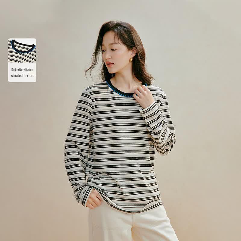INMAN Women s Retro Embroidered Striped Long Sleeve T-Shirt S
