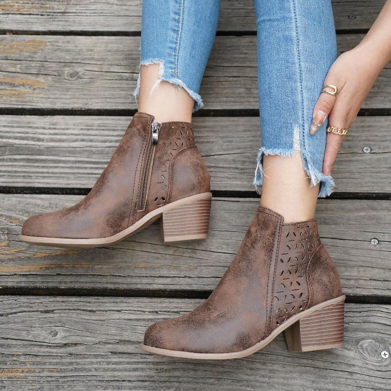 Wish women's shoes new thick heel large size hollow women's boots Martin boots middle heel side zipper short boots women