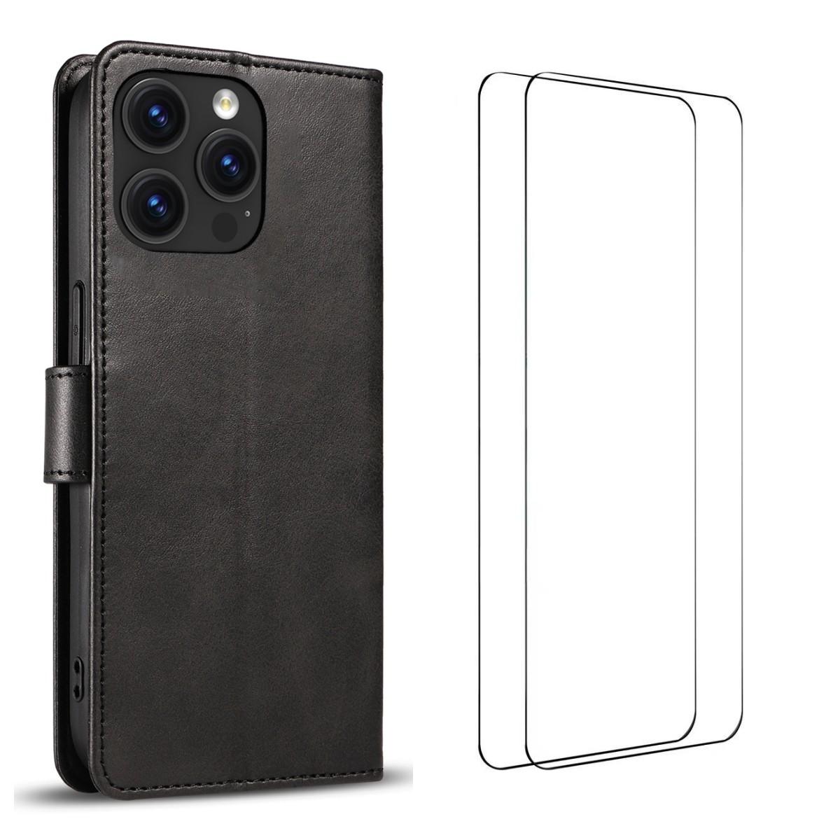 

For iPhone 16 Pro Case with 2Pcs Tempered Glass WANLONFENG WN Series Calf Texture Leather Phone Cover Big Cutouts Black