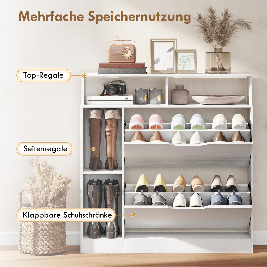 Shoe Cabinet with 2 Flaps Shoe Cabinet with Adjustable Divider, Open Compartment for 12 Pairs of Shoes 89 X 25 X 92 Cm White