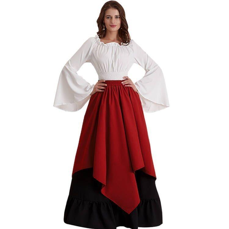 Europäisches Mittelalterliches Damen Halloween Cosplay Kleid Renaissance-Zeit Kostüm Zweiteiliges Set Blau Rot Grün Braun