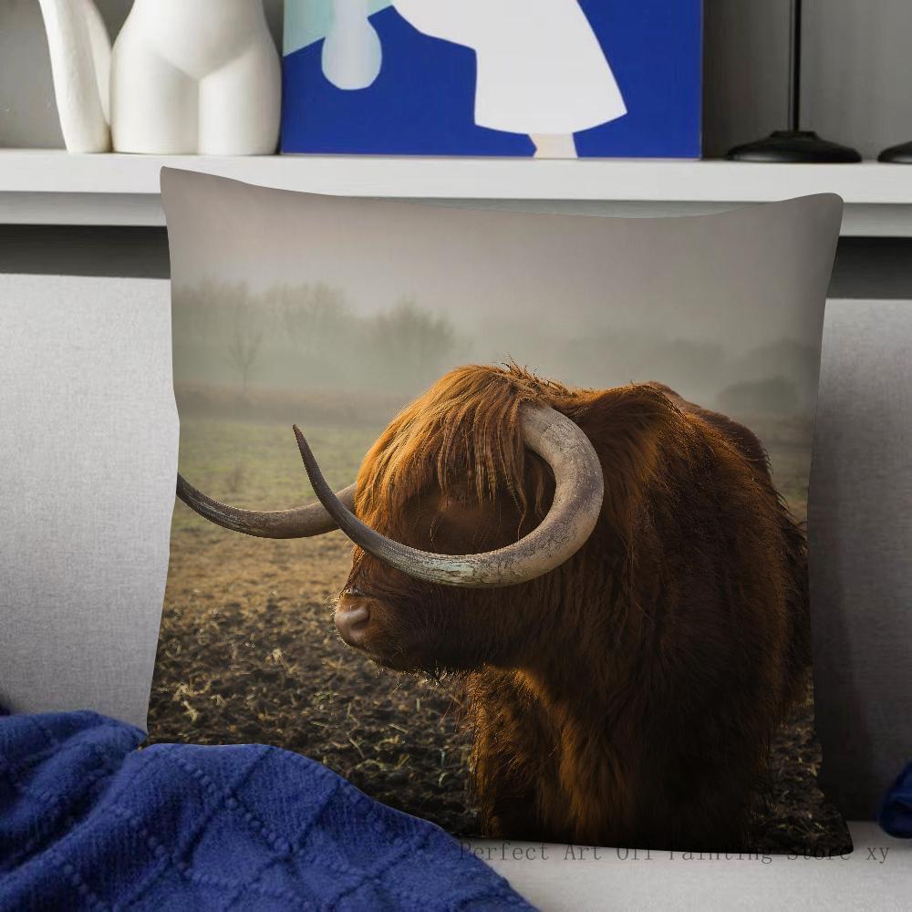 Scottish Highland Cattle Pillow Case Fashion Square Pillowcase Bedroom Sofa Room Ins Decoration Leisure Cushion Cover 40x40