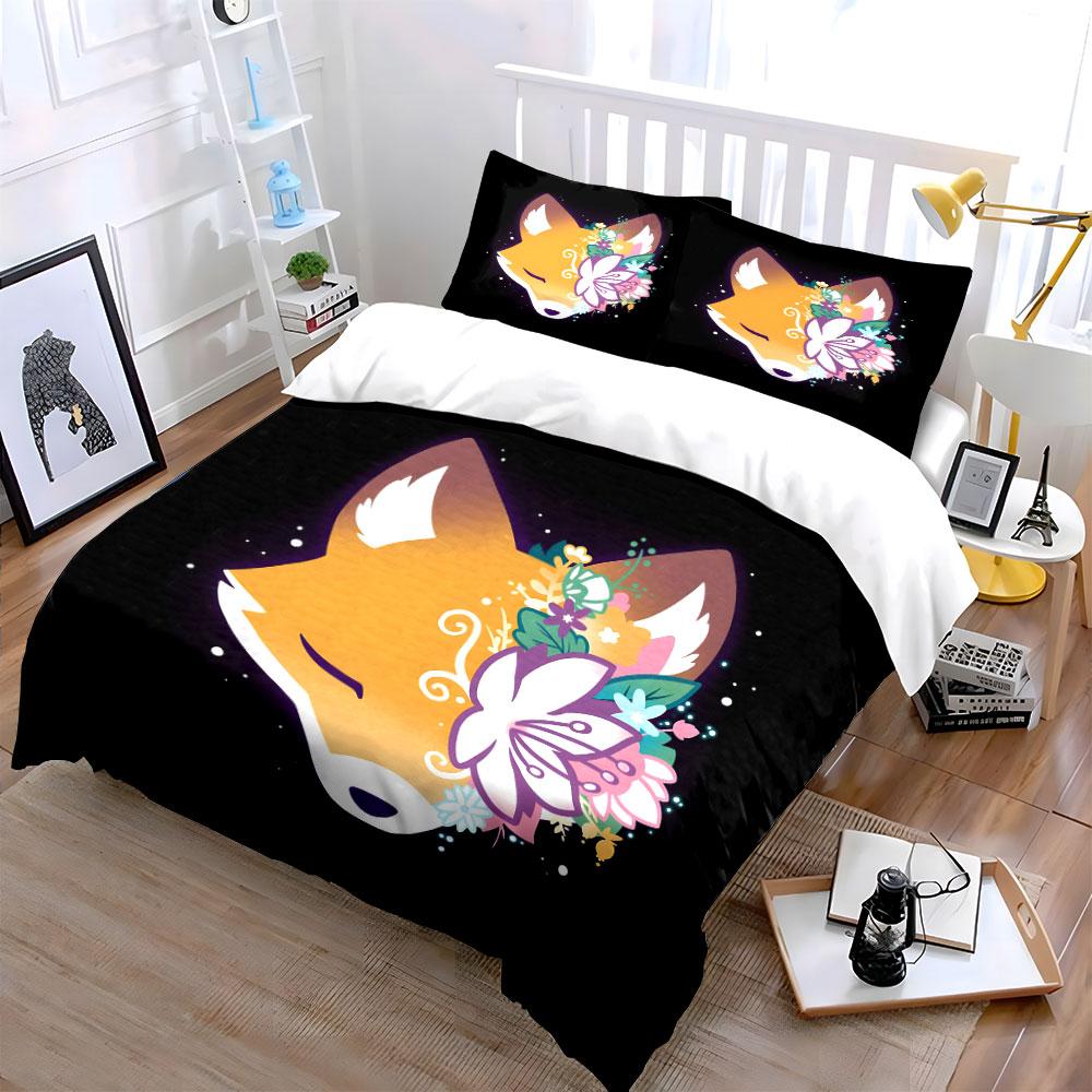 "Fox Floral Art Decor Set" Bedding Set with 1 Duvet Cover 2 Pillowcases Single Double King Queen, Gift