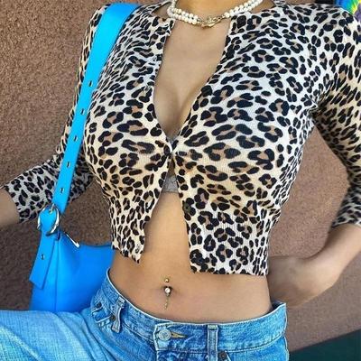 Podzimní dámské tričko s dlouhým rukávem s leopardím potiskem Sexy crop top Streetwear Dámské oblečení