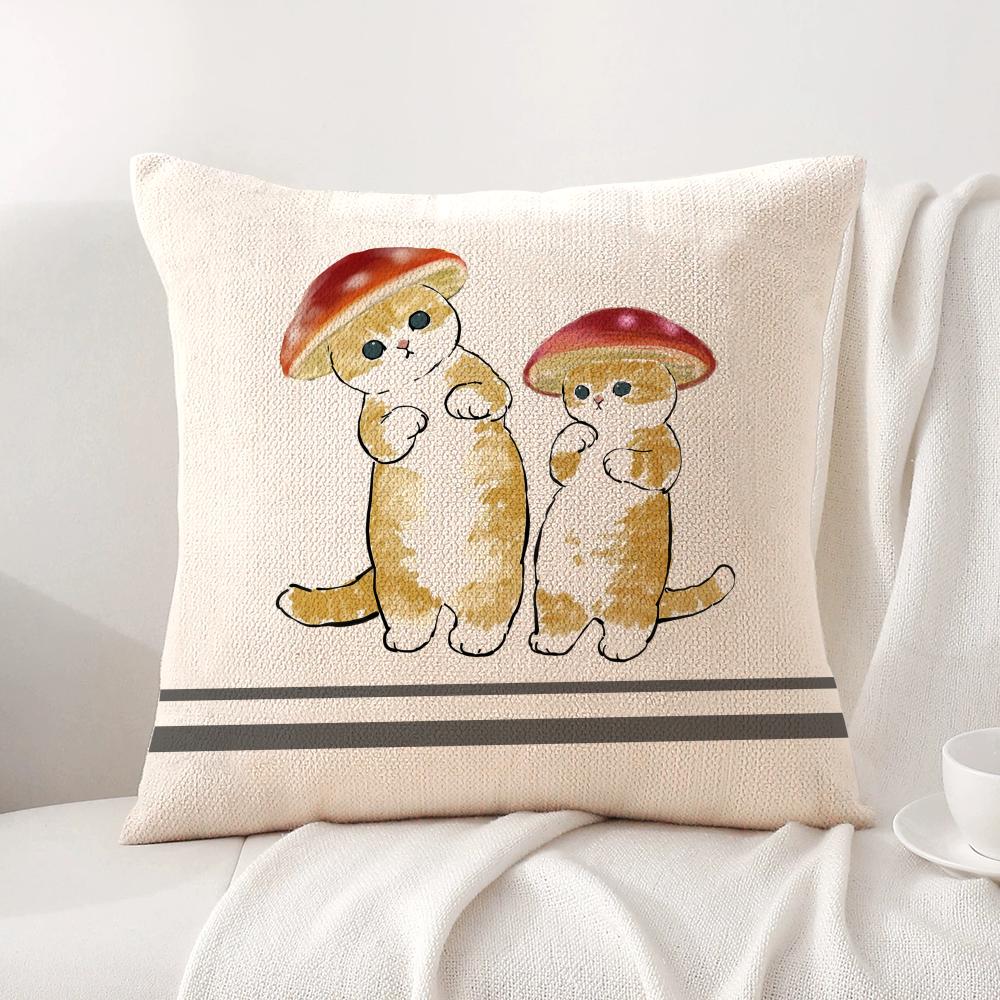 Cute Cat Cartoon Animal Cushion Cover Natural Linen Organic Fabric DoubleSided Printing Sofa Home Decor Breathable Bed Pillow