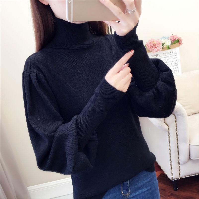 Pofulove Women's Turtleneck Pullover Sweater Autumn Winter Loose Plus Size Lantern Sleeves Knit Jumper