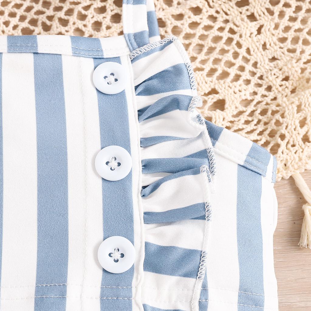 Girls' Casual Set Summer Children's Blue and White Striped Strappy Shorts