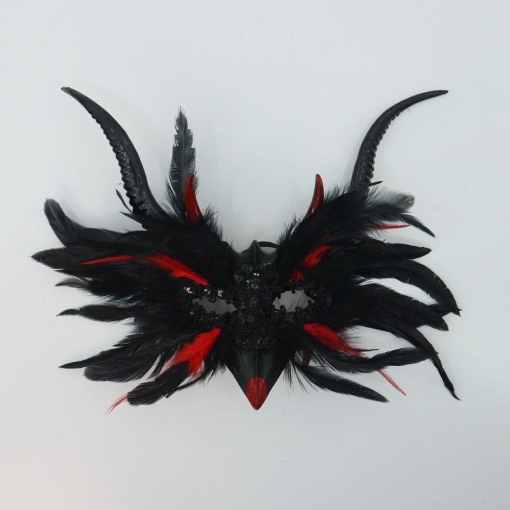 Vintage Style Half-Face Mask Angel Feather Black Feather Masquerade Mask Large Horn Gothic Design Eye Mask Ball Performance