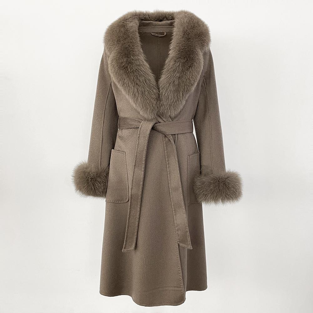 MENINA New  Autumn Winter Fashion 100% Wool Water-Corrugated Woolen Coat with Detachable Fox Fur Collar Women Daily Casual Wear