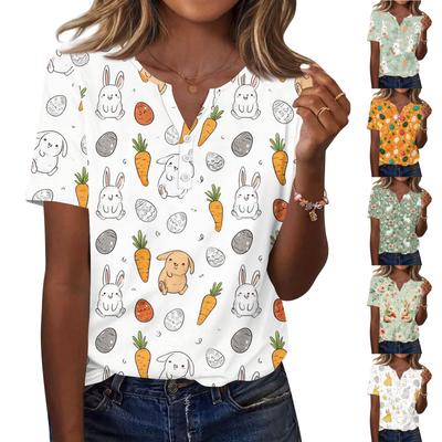 T-shirt imprimé à manches courtes pour femme, haut basique à col en V, à la mode, pour le week-end, quotidien
