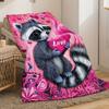Cute Raccoon Holding Love Heart with Flamingo Pink Floral Design Soft Flannel Blanket Cozy Bedroom Decor Valentine Gift for Kids
