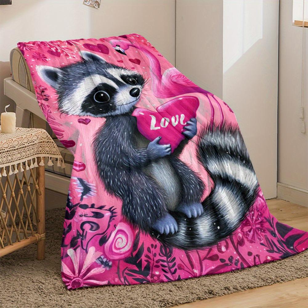 Cute Raccoon Holding Love Heart with Flamingo Pink Floral Design Soft Flannel Blanket Cozy Bedroom Decor Valentine Gift for Kids