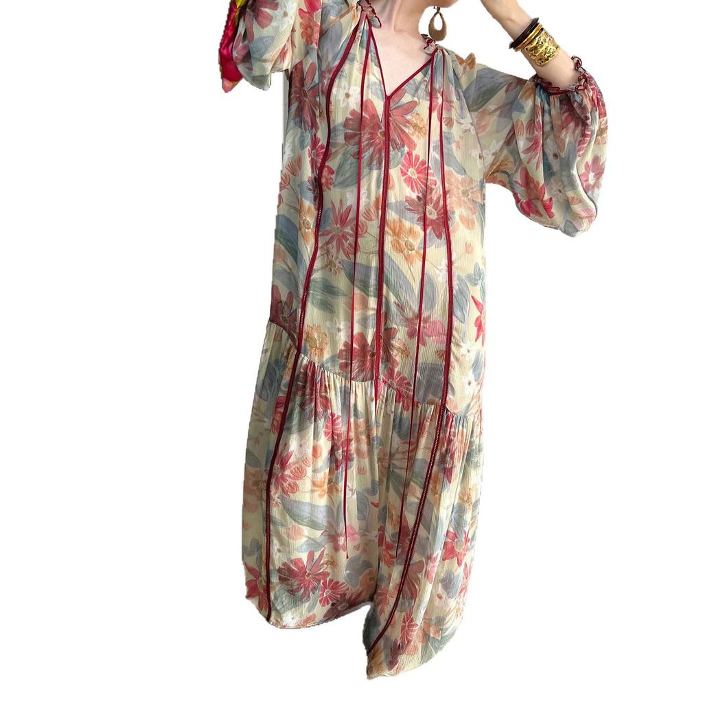 Available: French-Style Floral V-Neck Long Sleeve Dress