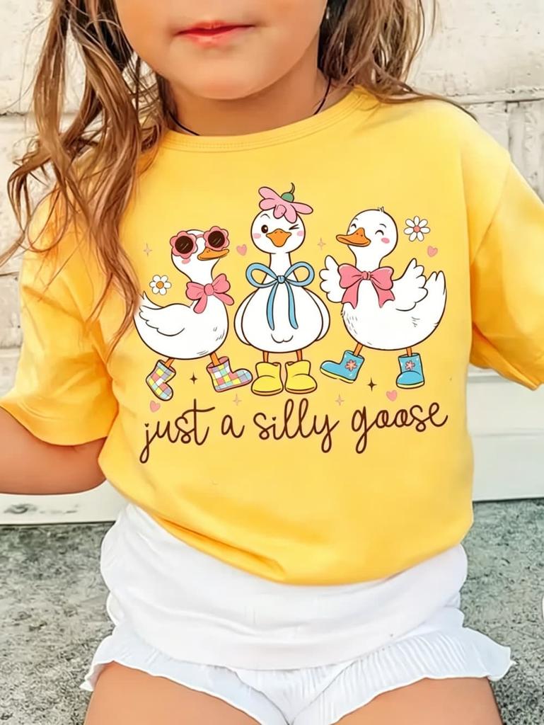 Just a Silly Little Goose Bow Print T-Shirt for Girls Summer Cartoon Graphic Short Sleeve T-Shirts Outdoor Causal Girls Clothing