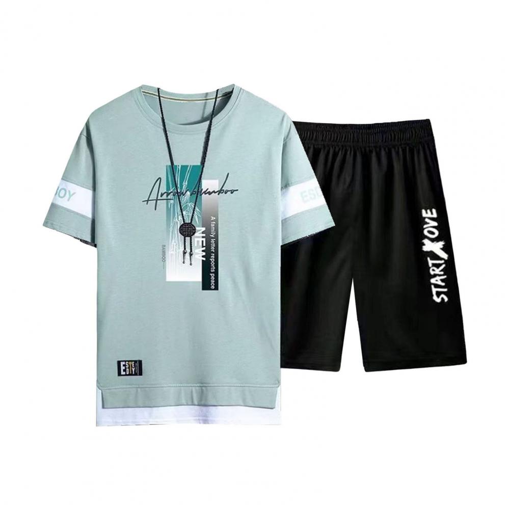 

2Pcs/Set Men Summer Outfit O-Neck Short Sleeve Letter Print T-shirt Elastic Waist Wide Leg Shorts Set Casual Sports Suit M зелений