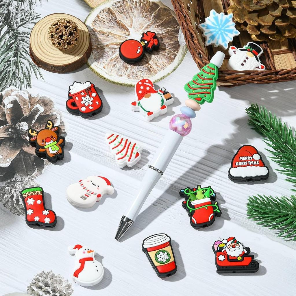 LiQunSweet 15 Pcs 15 Styles Christmas Theme Silicone Beads Santa Claus Tree Socks Snowman Snowflake Beads for DIY Jewelry Keychain Pen Craft