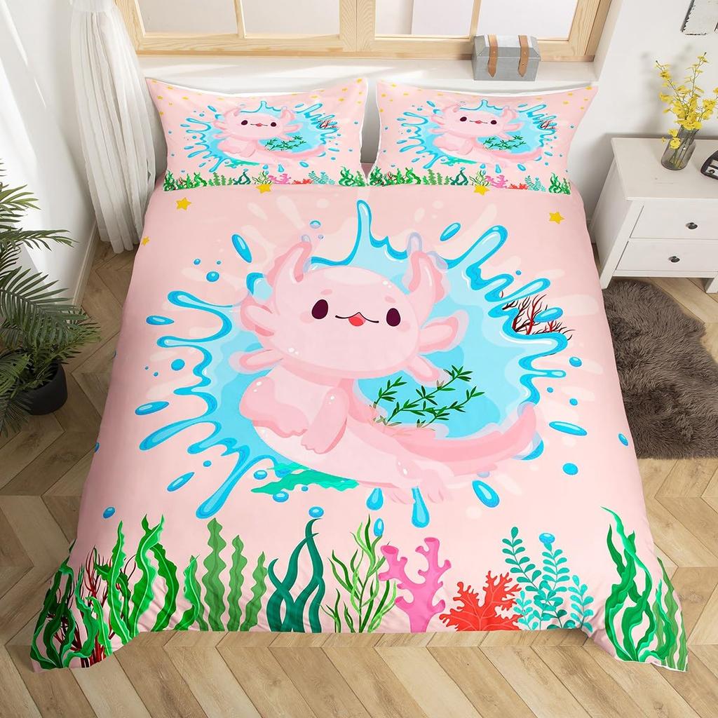 Cartoon Axolotl Bettbezug Queen Size, Sonnenblumen Bettwäscheset Niedliches Tier Botanisch Bettdeckenbezug Aquarell Gelb Steppdeckenbezug