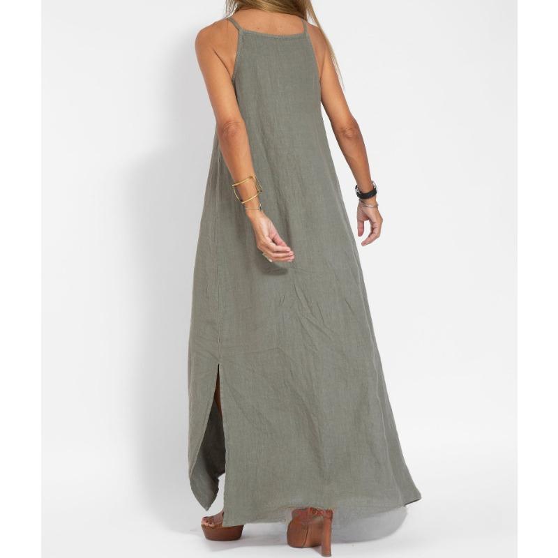 Fashionable and Casual Cotton and Linen Split Suspender Dress
