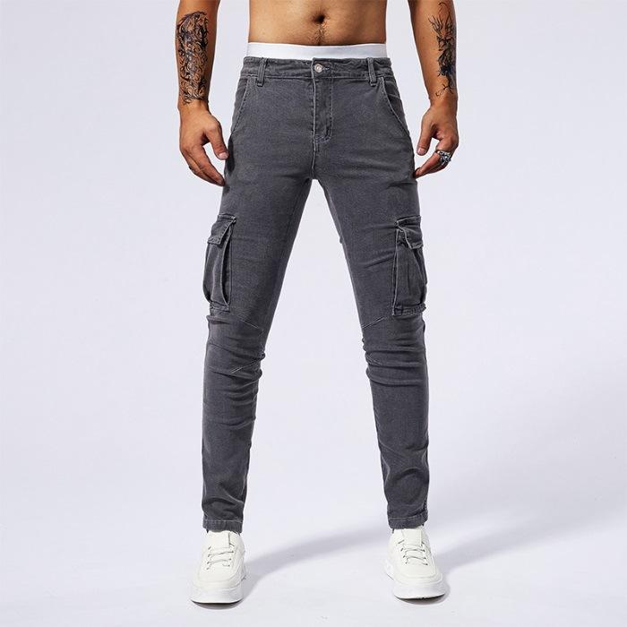 Thin Pants with Ties and Trousers with Multiple Pockets and Versatile Denim Trousers Workwear