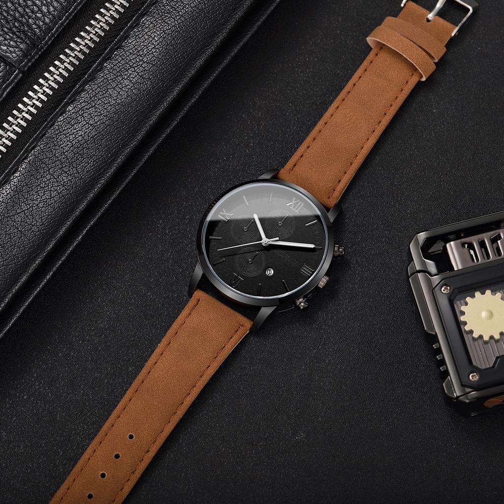 1PC Men's Casual Calendar Watch Men's Fashion Bussiness Temperament Leather Quartz Watch Unisex Watch Set (Box Not Included)