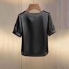 Damen-T-Shirt mit Satin-Perlenmuster, Rundhalsausschnitt und kurzen Ärmeln, lässiges Oberteil