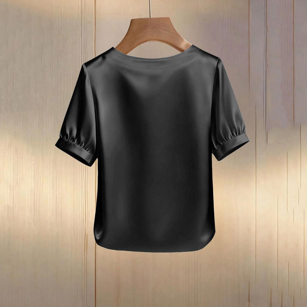 Damen-T-Shirt mit Satin-Perlenmuster, Rundhalsausschnitt und kurzen Ärmeln, lässiges Oberteil