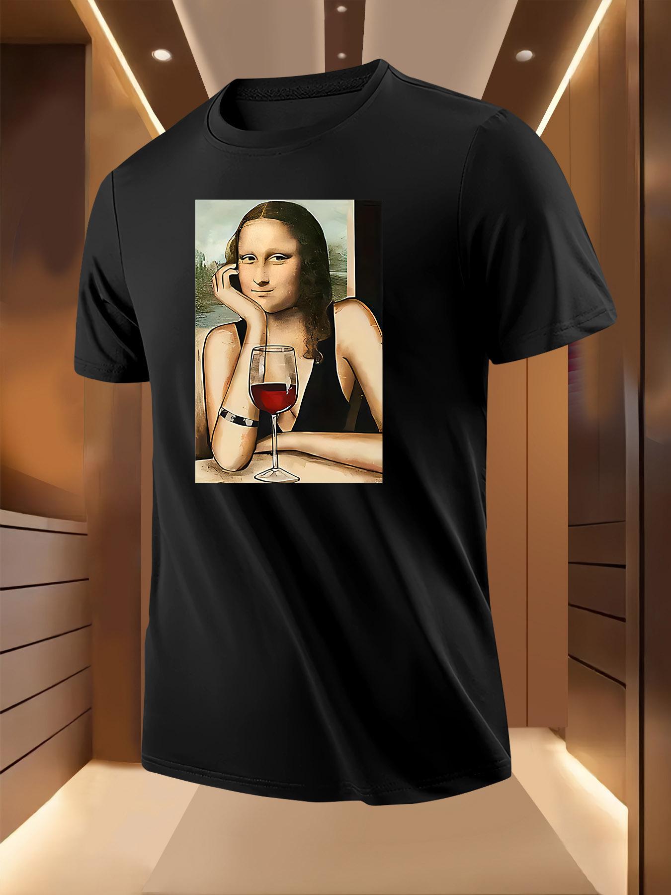Funny Mona Lisa Wine Painting Parody Tshirt - Light Grey ... XL