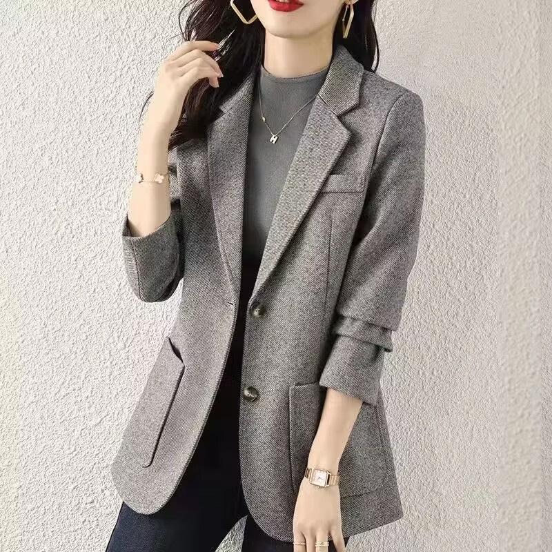 Dame High-End Grå Dressjakke: 2025 Vår Koreansk Stil Casual Liten Blazer