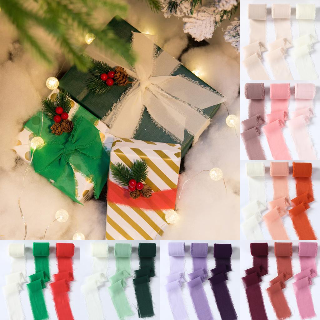 3 Roll/Set Ausgefranste Seidenbandkante Knitterchiffon Handgemacht Gerissen Hochzeitsparty Blumenstrauß Geschenkdekor Weihnachten Heimdekor