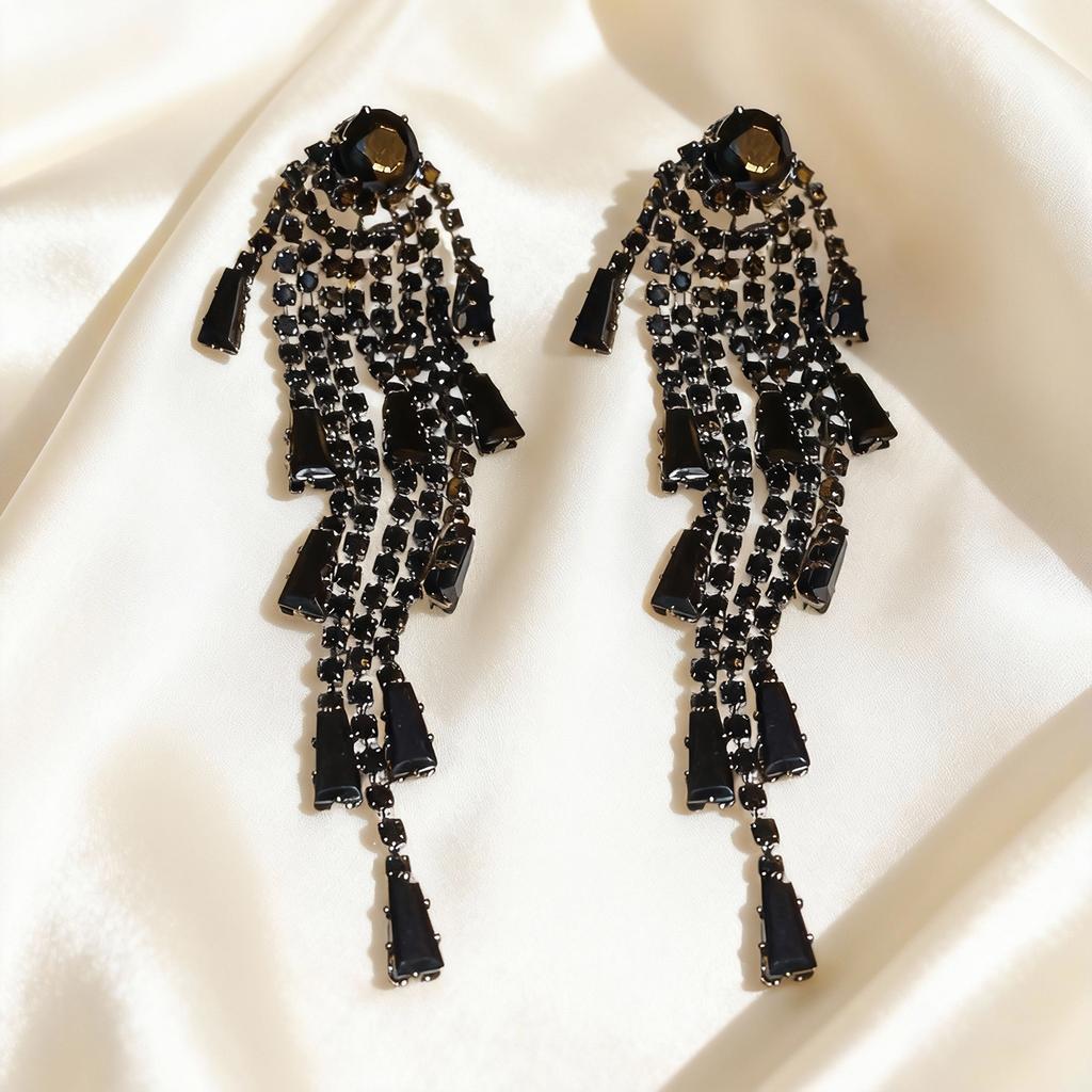 European and American retro face thin black zircon fringed earrings temperament long exaggerated stud earrings cold wind earrings