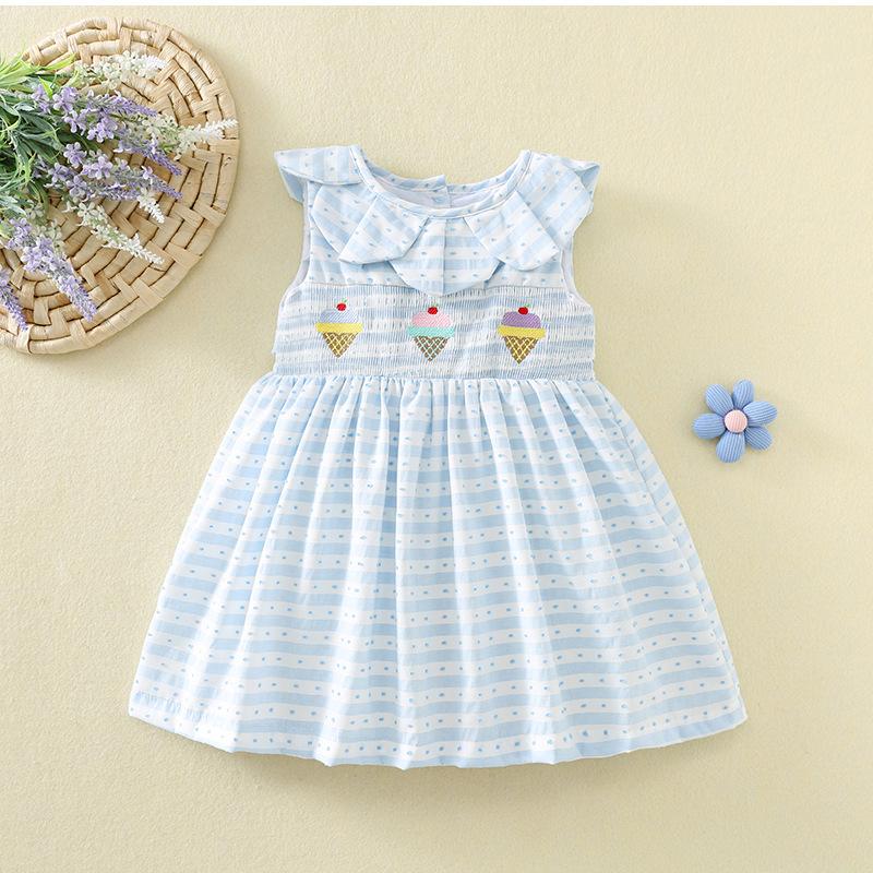 Girls Summer Sleeveless Smocked Dress With Petal Collar And Ice Cream Embroidery Princess Party Dress For Kids 80cm синий