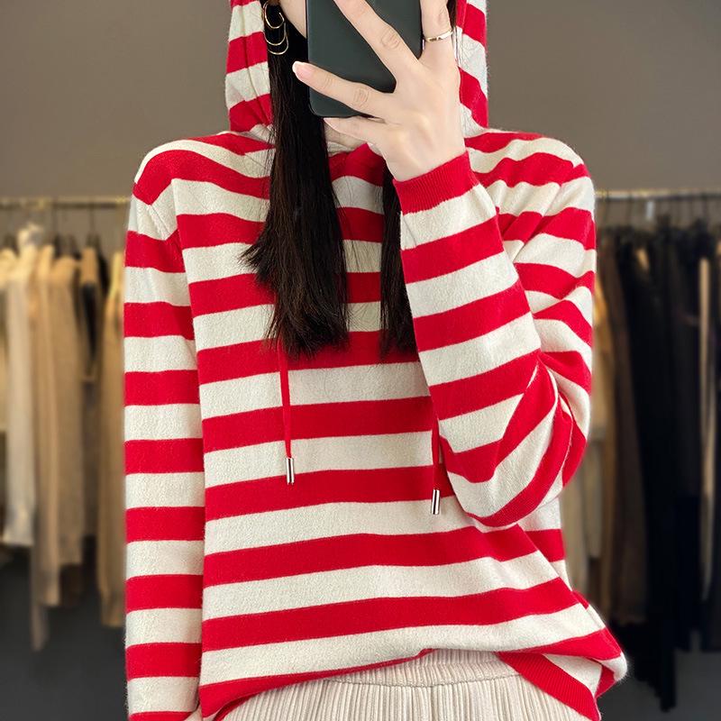 Women's Loose-Fit Striped Hooded Knit Sweater - Korean Style Casual Autumn Winter Sweatshirt