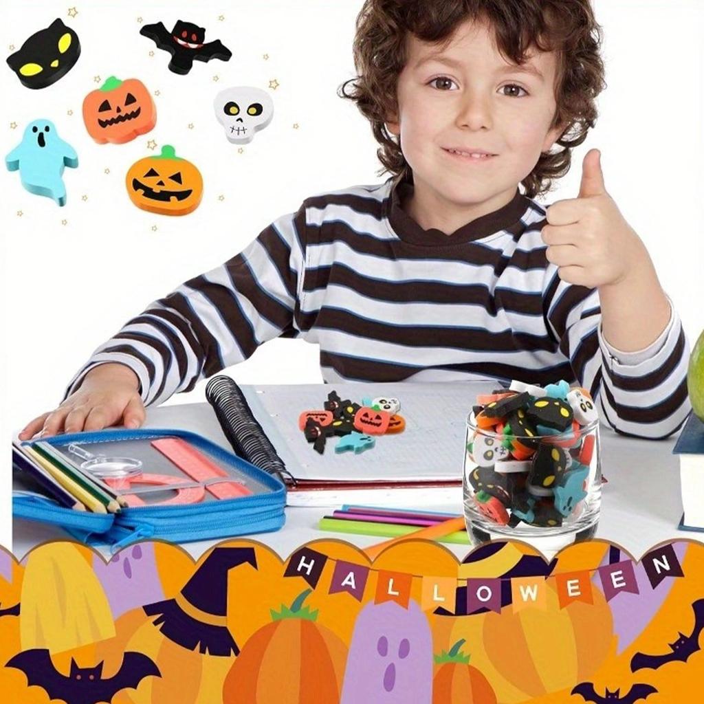 30Pcs Cute Halloween Mini Erasers Reusable Pumpkin Ghost Skull Bat Erasers Cartoon Halloween Eraser Fun Drawing Accessories