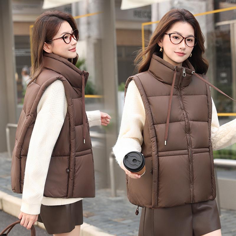 Down Cotton Vest Women's Short Stand-up Collar Winter New Vest Drawstring Cotton Vest Outer Wear Vest Thick