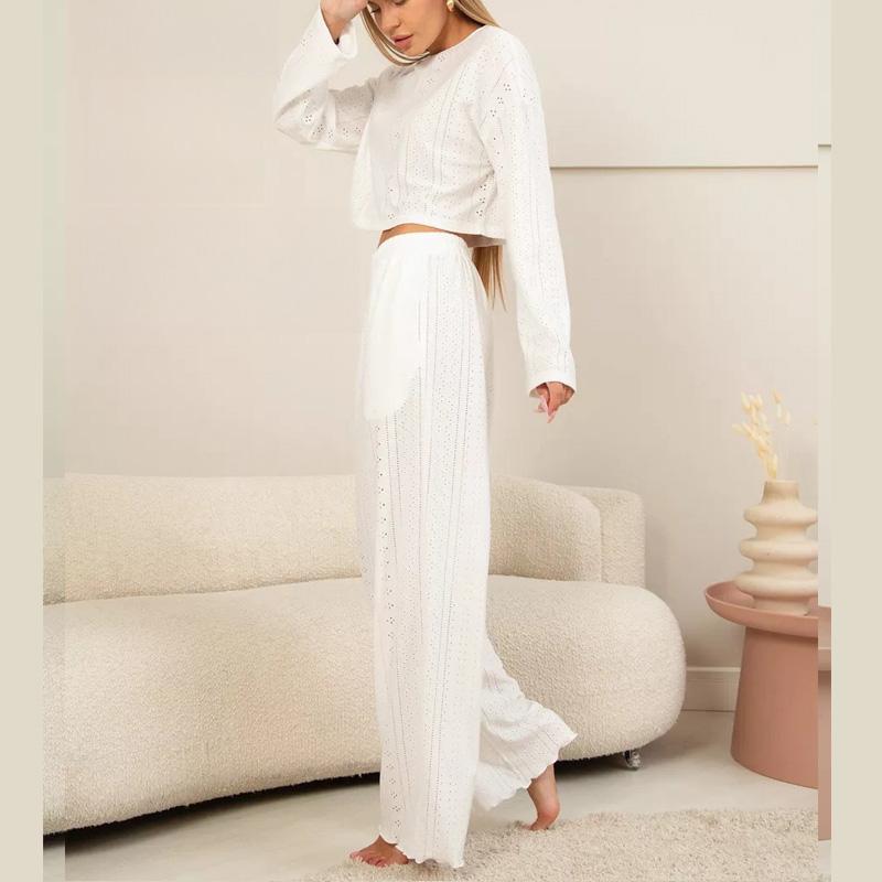 spring Summer solid Hollowed out jacquard Pajamas Set for Women Homewear Sexy pyjamas Loose long Sleeve crop Tops and pants 2 Pieces sets Sleepwear