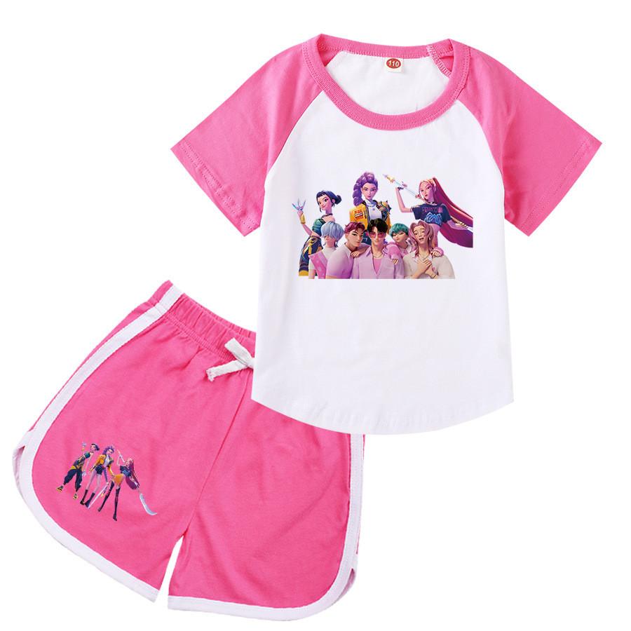 Kids Girls Anime Cartoon POP Singer Rumi Zoey Mira Printed Casual Raglan Short Sleeves T-Shirt Shorts Clothes Set