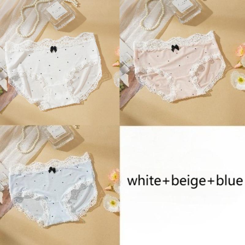 3 Pcs/Set French Lace Polka Dot Seamless Panties Women Sweet Bow Wavy Lace Edge Mid-Rise Underwear Thin Quick-Dry Briefs