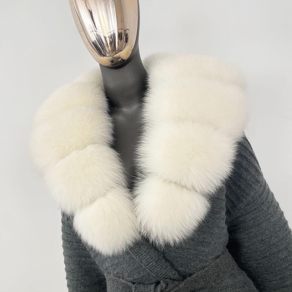 OFTBUY Podzimní Dámský Měkký Dlouhý Pravý Velký Liščí Kožich Teplý Pletený Kabát Pásek Klopa Límec Svrchní Oblečení Ležérní Svetr Bunda Volná Dámská Elegantní Dlouhá
