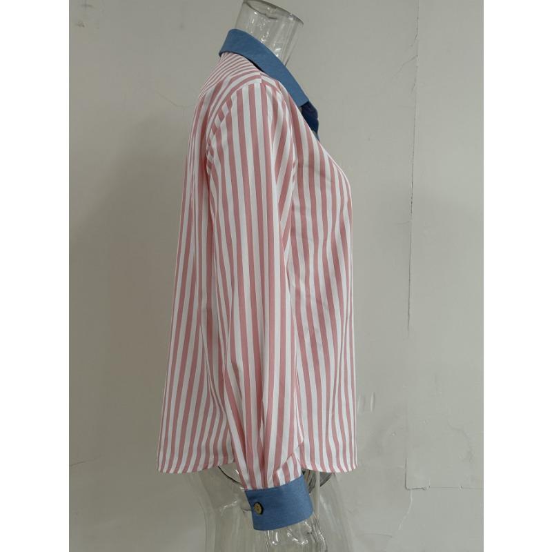 Women Color Block Stripe Splicing Loose Long Sleeve Collared Shirt