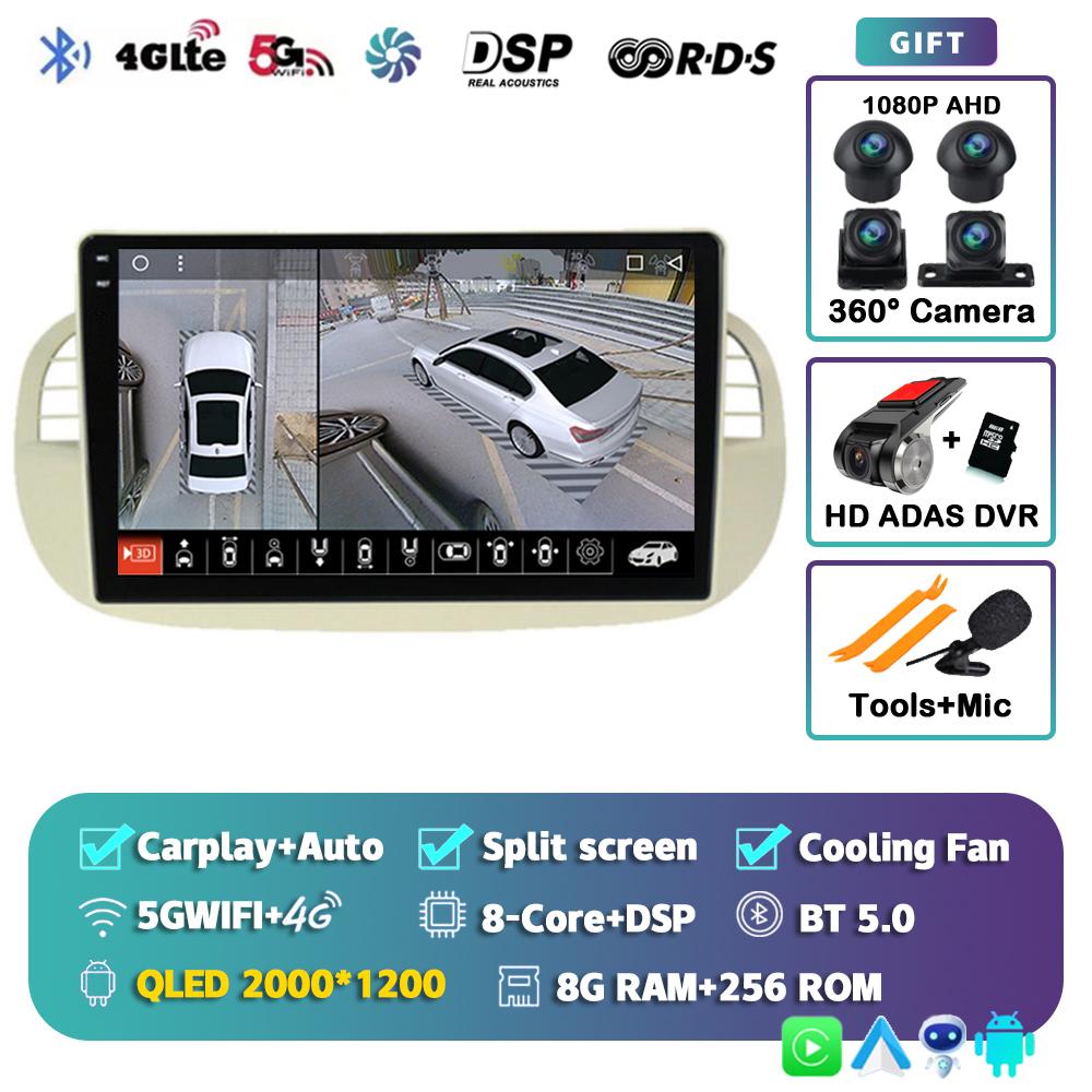 Android 14 Carplay Car Radio For Fiat 500 Multimedia Video Player Navigation GPS Stereo AI Voice Head Unit 360 Camera 4G+Wifi BT