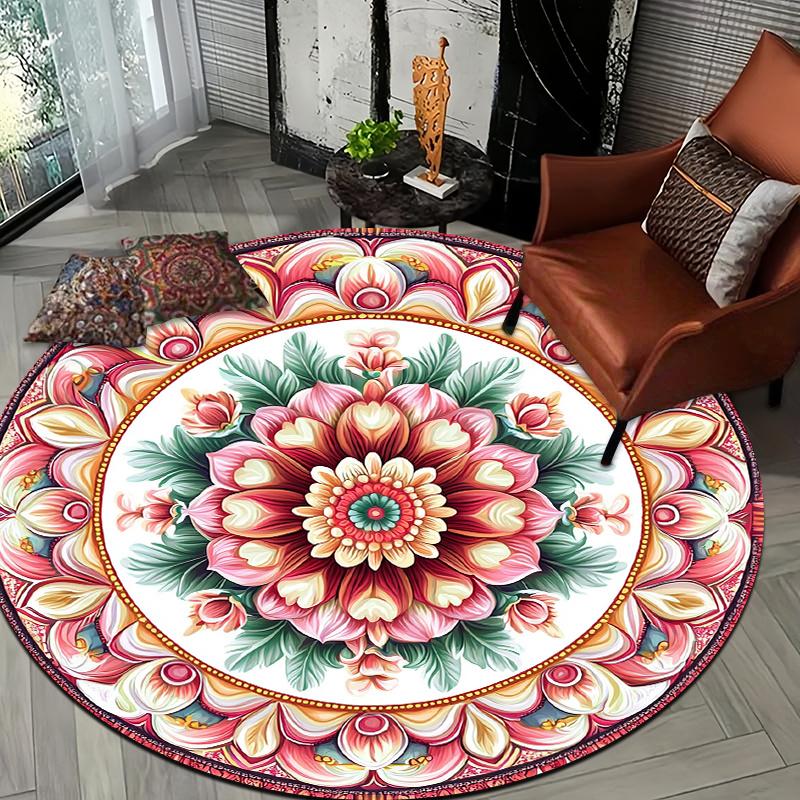 Lotus flower and mandala totem Flannel-printed round floor mats are slip-resistant Suitable living room terrace garden carpets