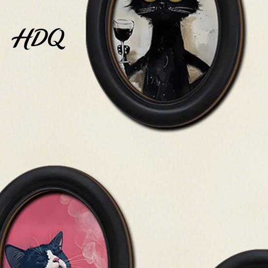 Abstract Expressionist Cat Prints Art Wall Decor Oval 2D Wood Framed Funny Painting Deconstructive Style Print Vintage Ornament for Living
