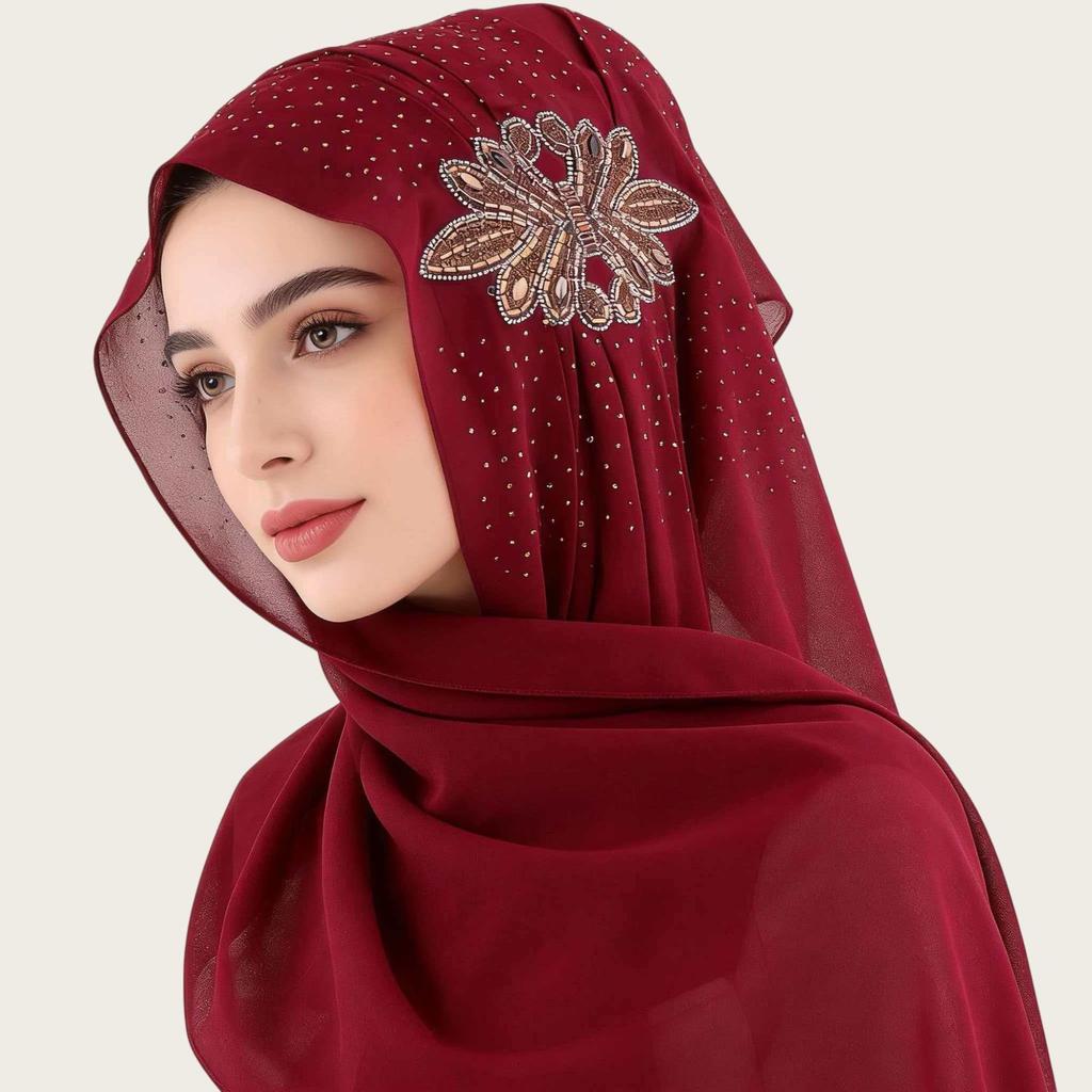 Luxury Rhinestone Chiffon Hijab Scarf Women Muslim Crystal Diamond Headscarf White Wedding Shawl Embroidered Beaded Turban Wrap