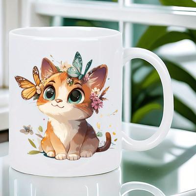 Tazza in Ceramica Gatto Cartone Animato Carino con Design Farfalla e Corona Floreale - Regalo Perfetto per Amanti dei Gatti e Appassionati di Caffè