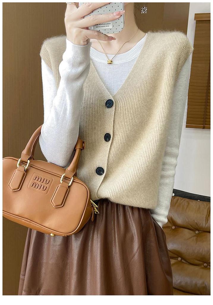 100% Pure Wool V-neck Solid Color Sleeveless Cardigan Vest - Spring & Autumn Collection
