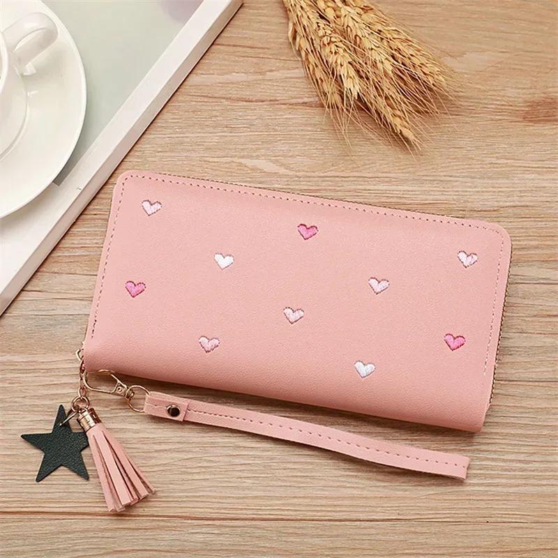 New Long Short Wallet Women's Fashion Credit Card Bag Purse Zipper Handbag Embroidered Heart Mobile Phone Money Coin Bag Case